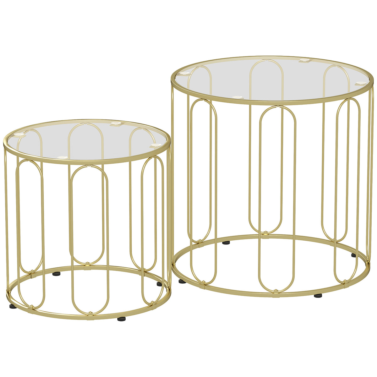 Set of 2 glass tables, nestable, glass tops, metal frame, gold-colored