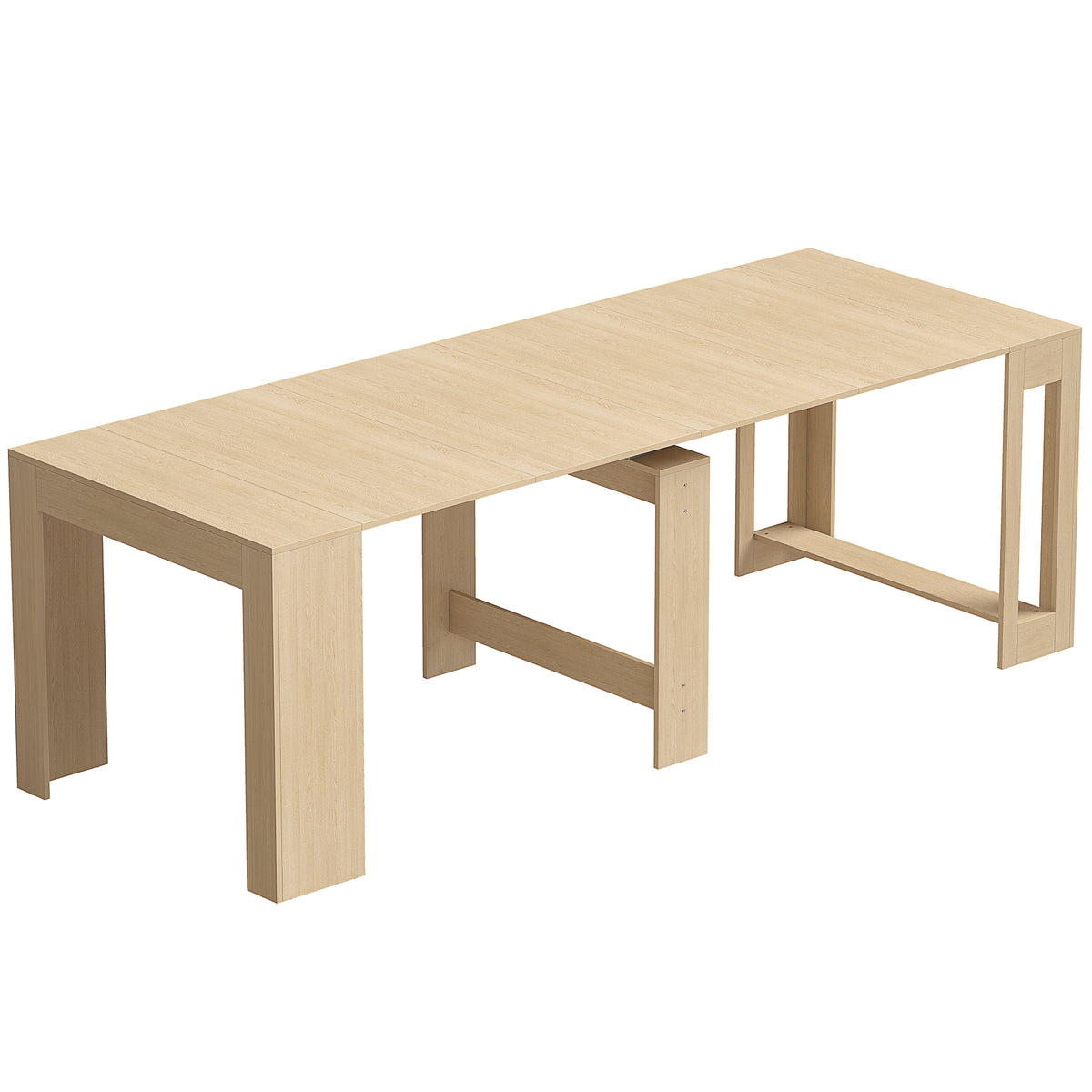 Extendable dining table for small spaces, convertible into a console, seats 10 people, light brown wood look