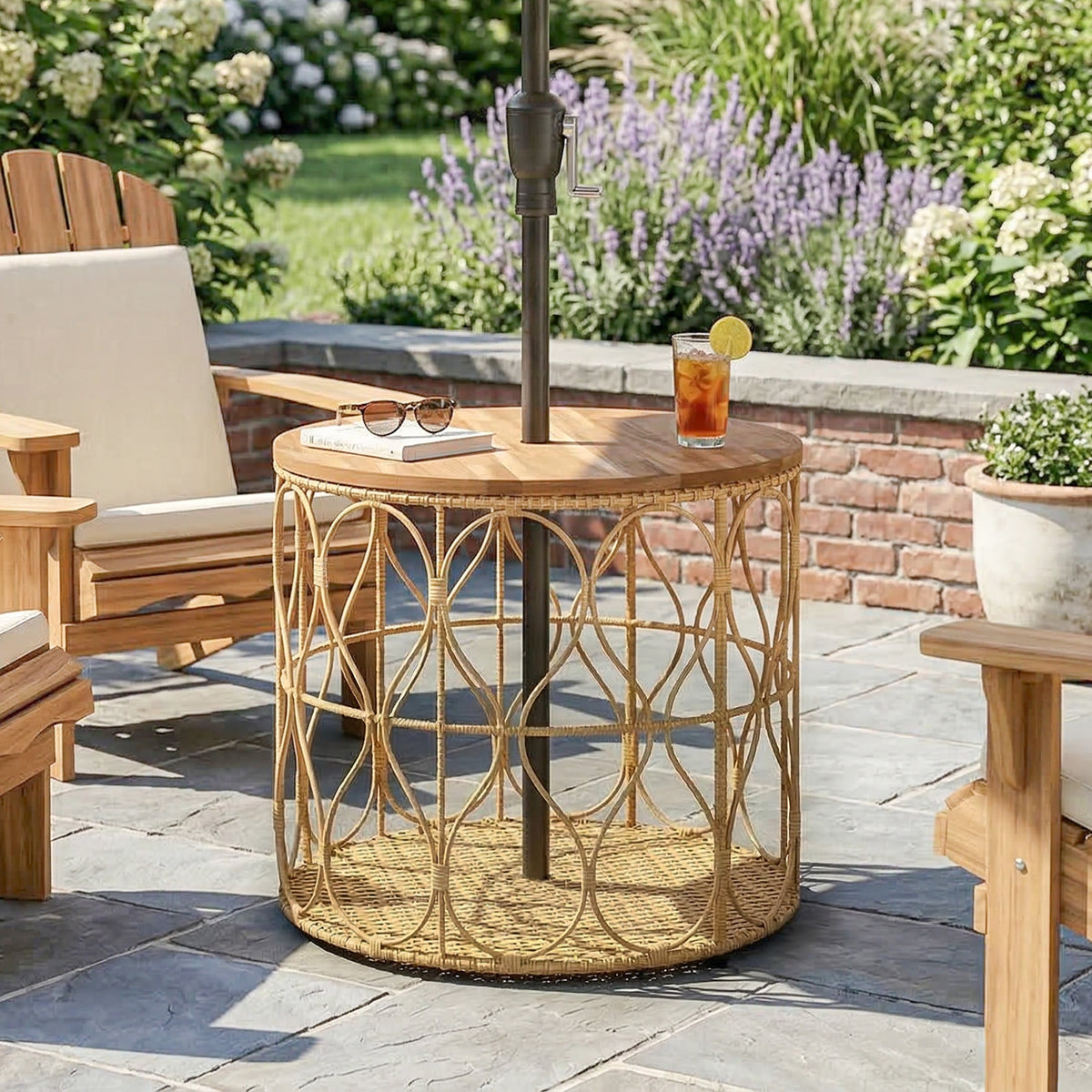 Side table Ø50 cm weather-resistant garden table with rattan look, acacia wood top, and adjustable feet, teak (2)