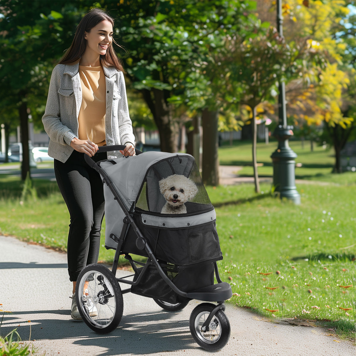Dog stroller, pet carriage for small dogs and cats, with storage basket, one-click folding design, gray (2)