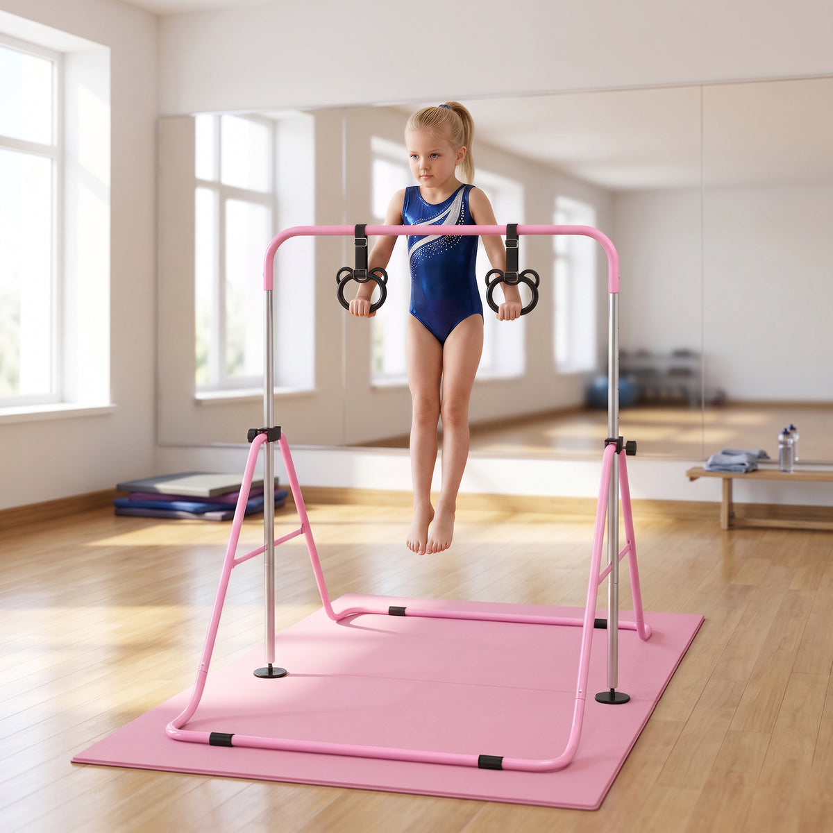 Children's gymnastic bars with rings, height-adjustable, foldable, non-slip, steel frame, 148x105x88-128 cm (2)