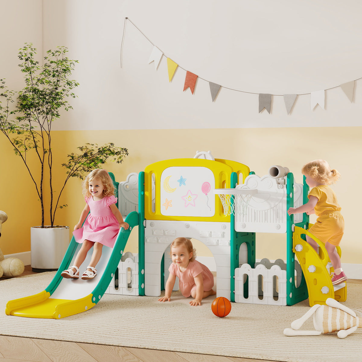 7-in-1 slide set for toddlers, basketball hoop, frog design, climbing frame, swing seat, for indoor and outdoor (2)