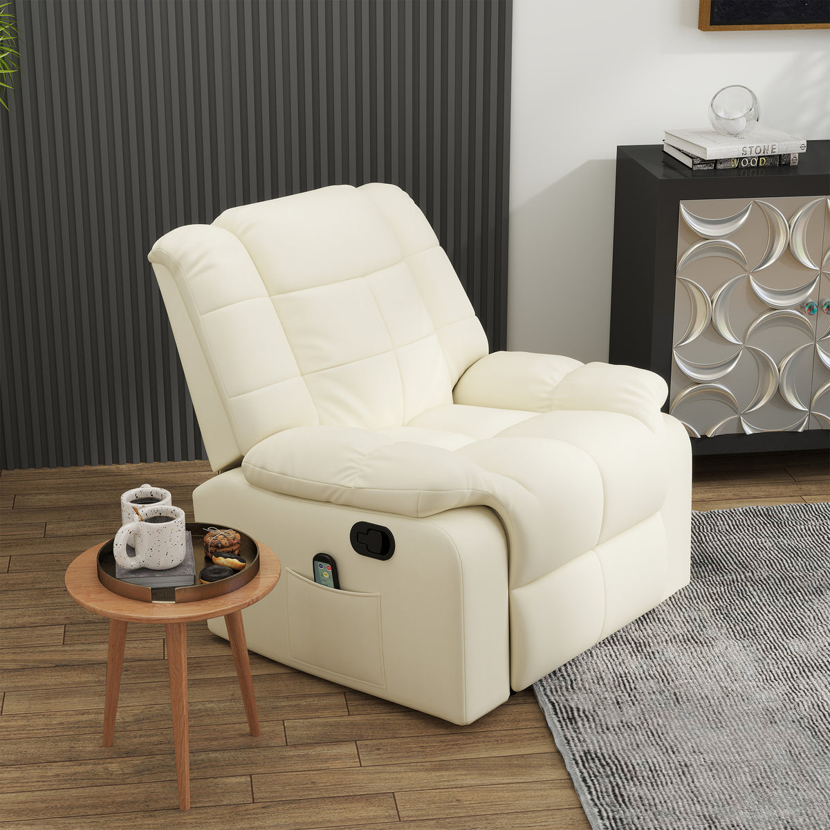 Massage chair, recliner, 8 vibration points, reclining function, faux leather, cream white, 94x99x99cm (2)