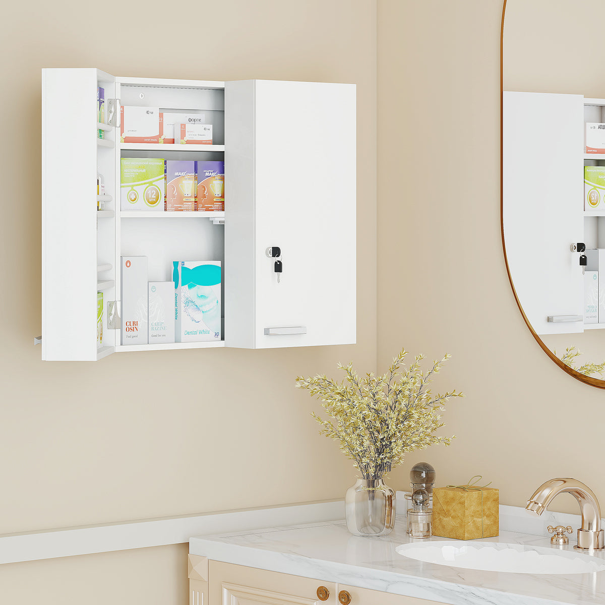 Lockable 2-door medicine cabinet, wall-mounted, with 11 compartments and 2 keys, 53 x 20 x 53 cm, white (2)