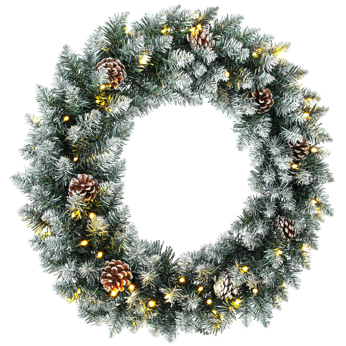 Christmas Wreath 60 cm Illuminated Door Wreath with 50 LEDs Cones Artificial Snow for Christmas Advent Front