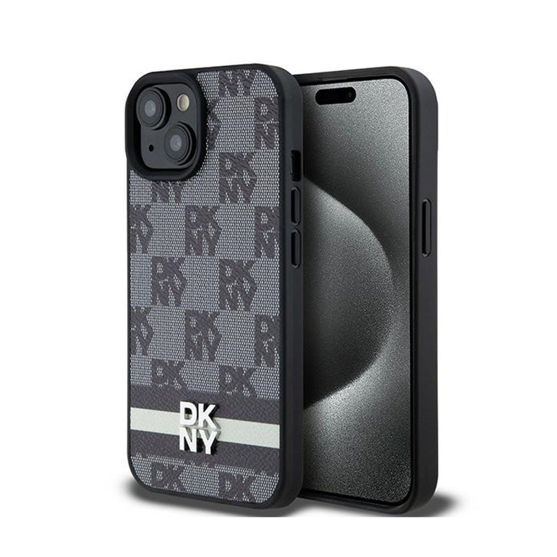DKNY Leather Checkered Mono Pattern & Printed Stripes - case for iPhone 15 / 14 / 13 (black)