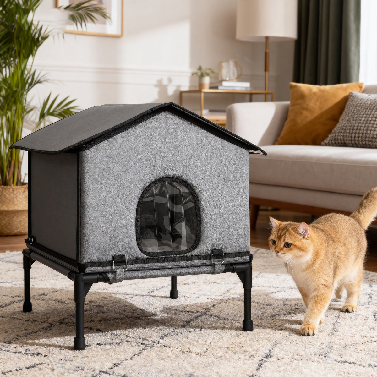 Foldable cat house, cat hut with cushion, elevated water-resistant cat cave 62 x 58.5 x 60 cm, grey (2)