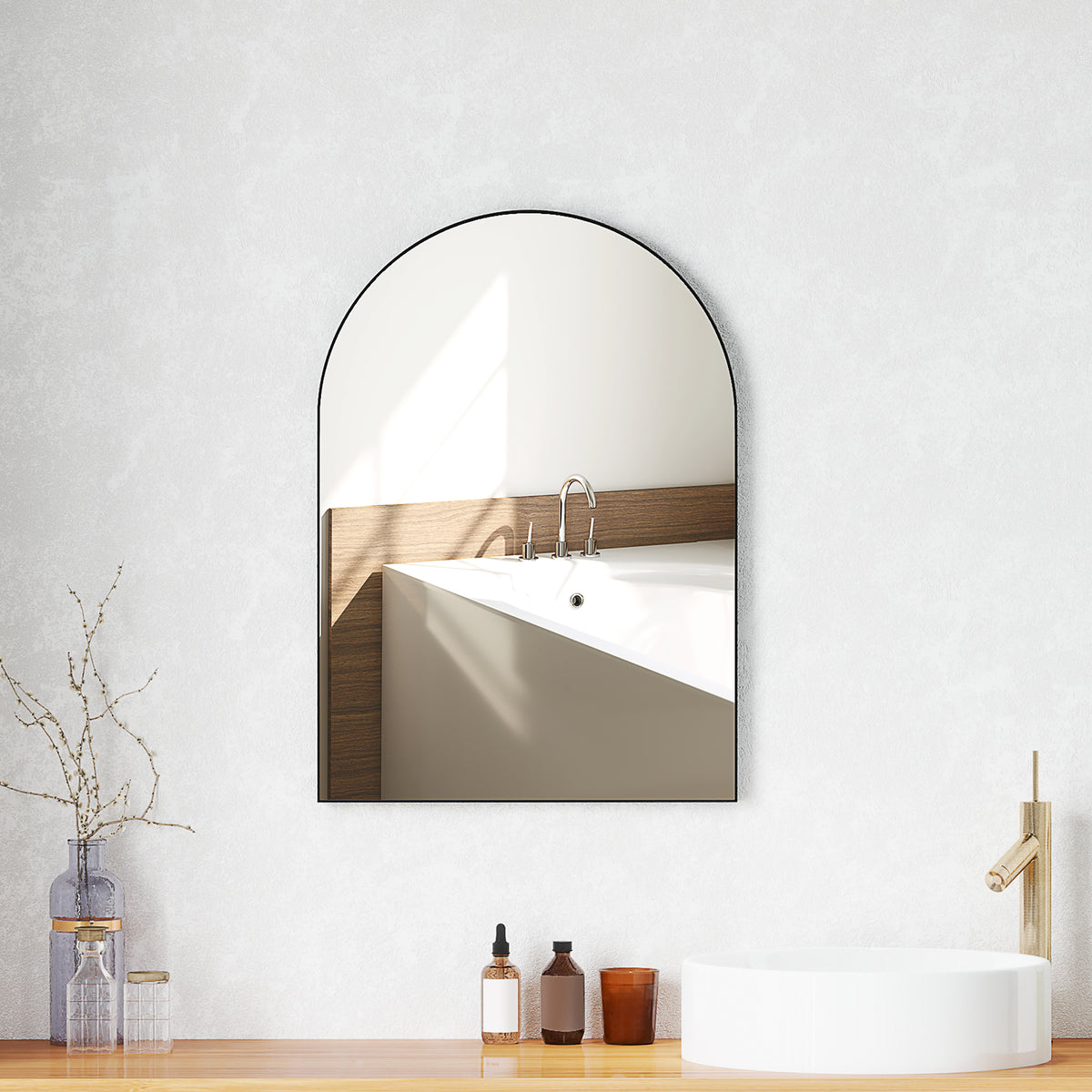 Curved bathroom mirror, 50 x 70 cm, bathroom mirror with aluminum frame, decorative mirror, kitchen, black (2)