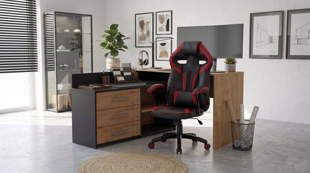Set ECKSCHREIBTISCH DANY ANTHRAZIT / EICHE ARTISAN + Sessel DRIFT ROT – Produktabbildung 2