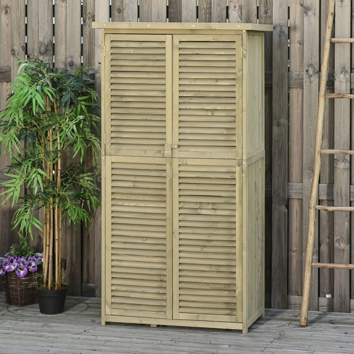 Wooden garden cabinet, slanted asphalt roof, locking doors, waterproof, free ventilation, wood-colored, 87 x (2)