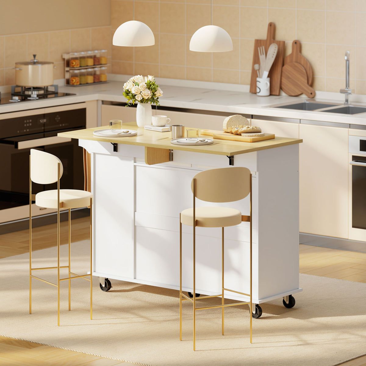 Mobile kitchen island, extendable surface, cabinet doors, drawers, towel holder, kitchen cart made of MDF, white (2)