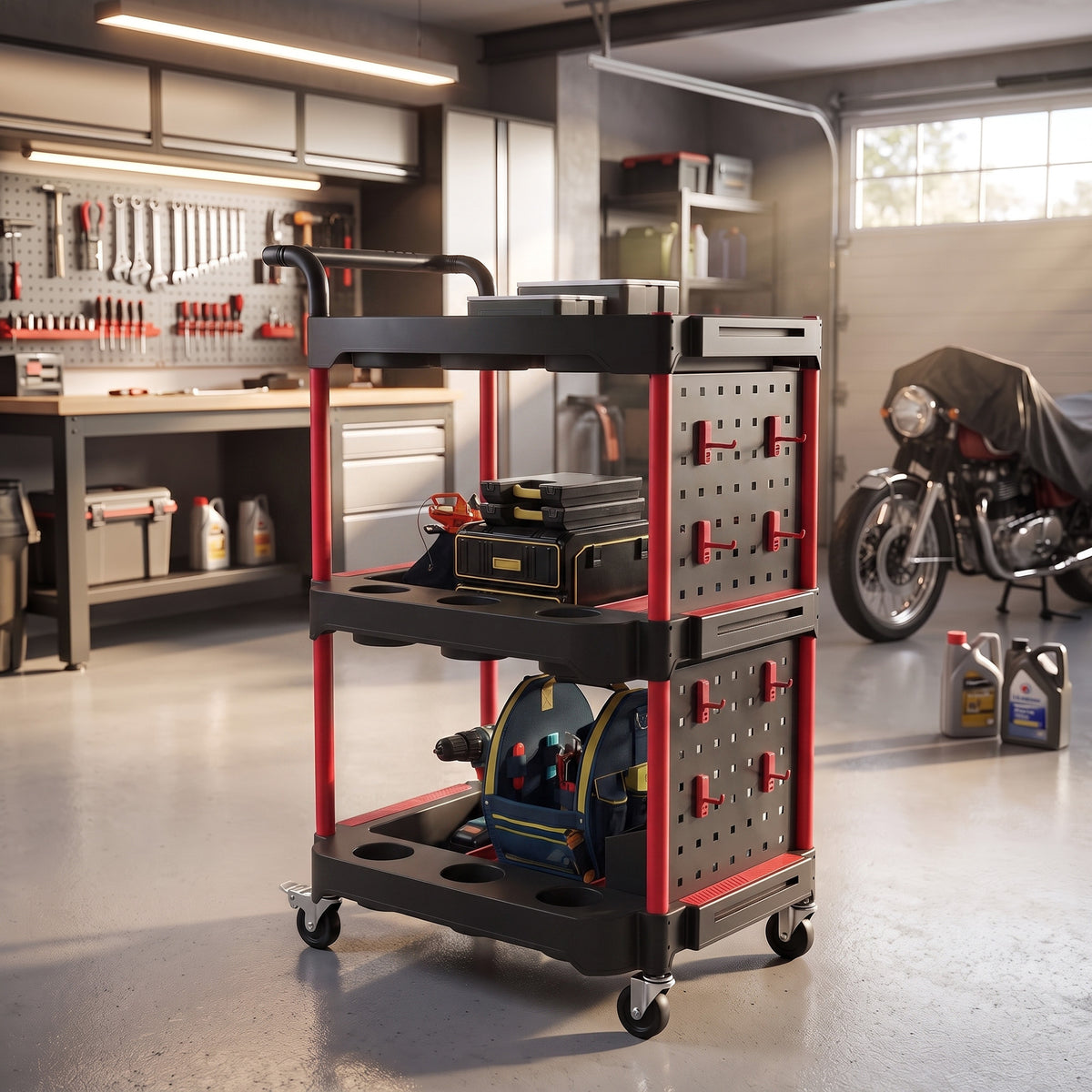 3-tier tool trolley with pegboard and hooks, rolling workshop cart with brakes, black/red (2)