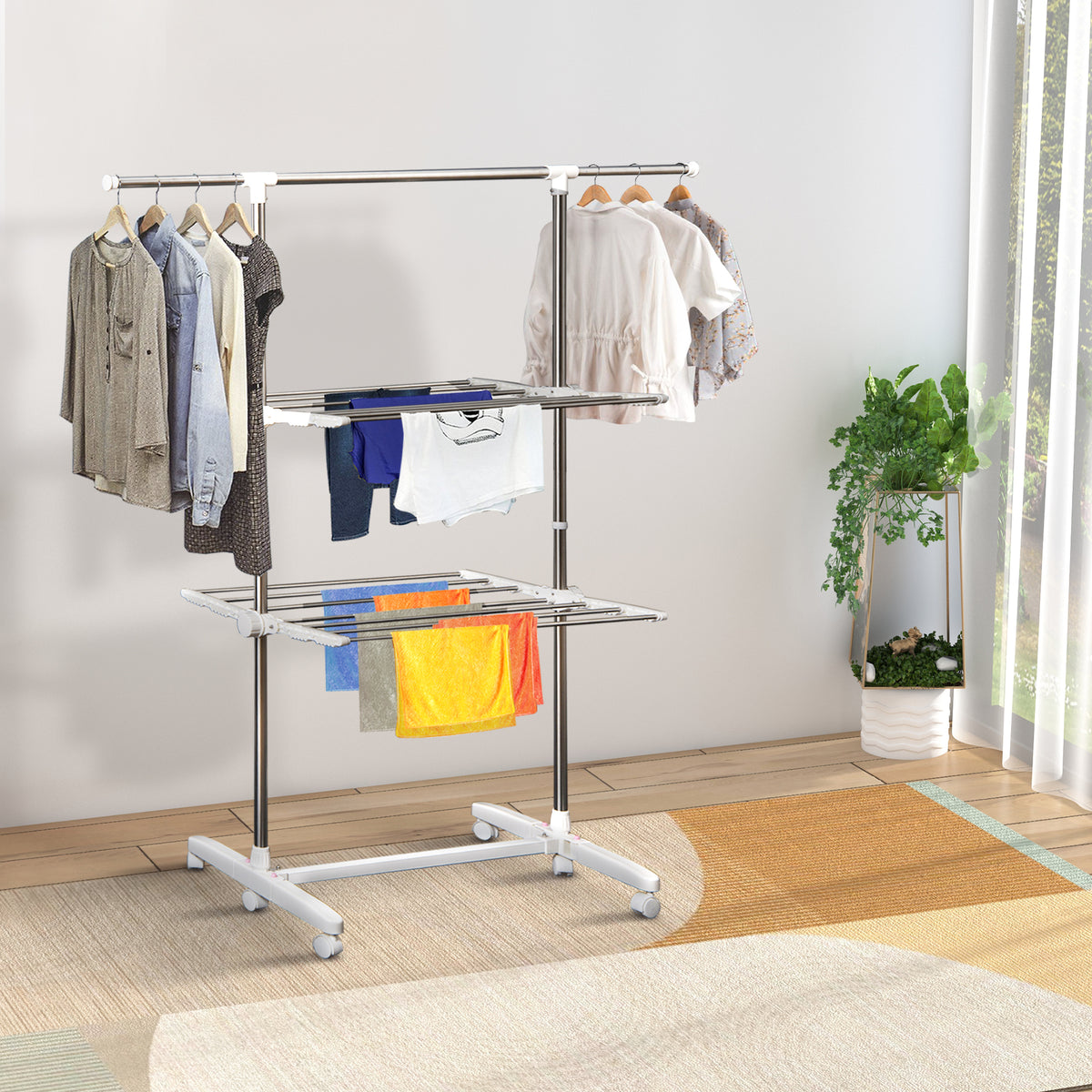 Tower clothes drying rack, extendable standing dryer with 3 levels, foldable wings, wheels, 154 cm, white (2)