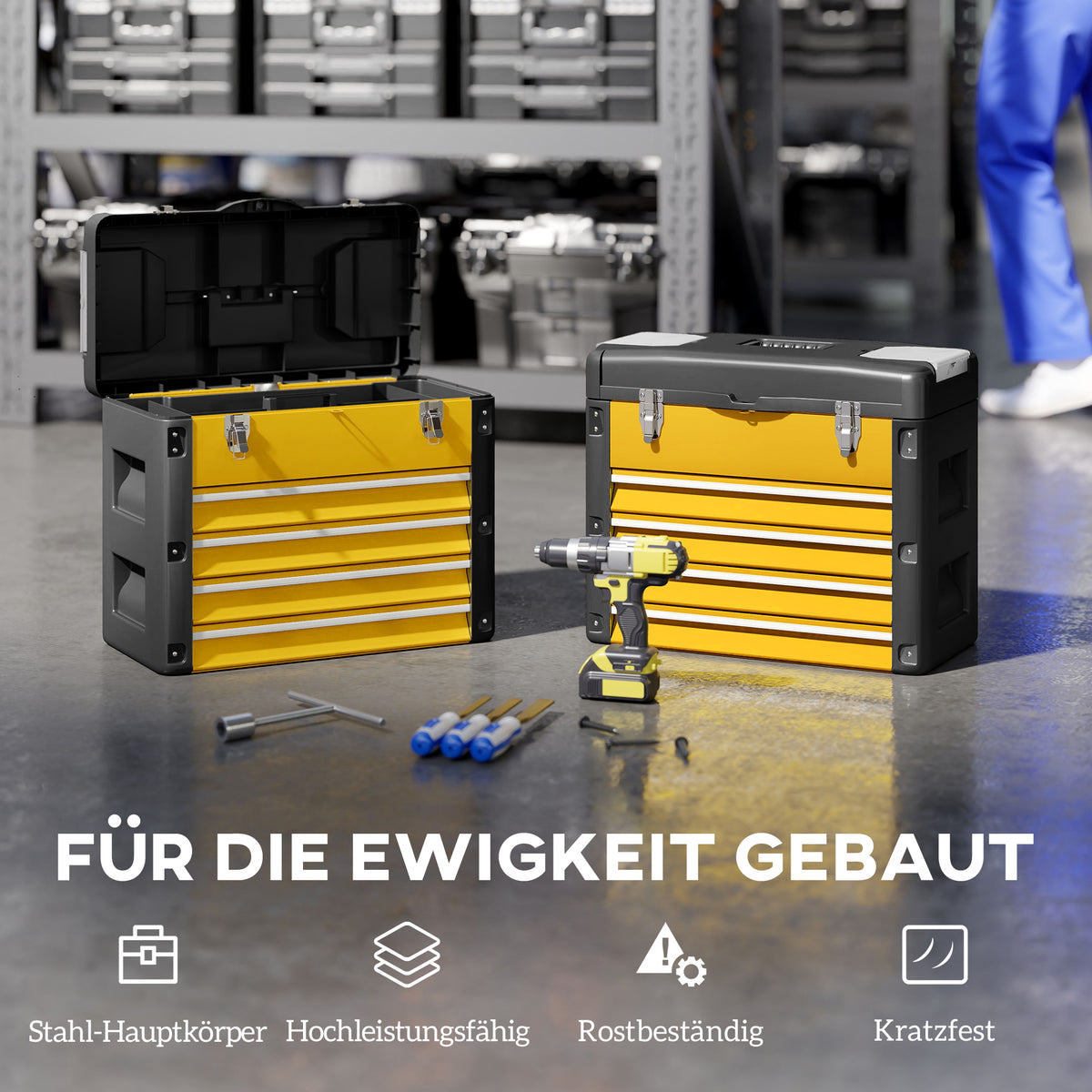 Toolbox empty, 49.7 x 25.3 x 40.7 cm tool chest with 4 drawers, mini-box steel yellow (5)