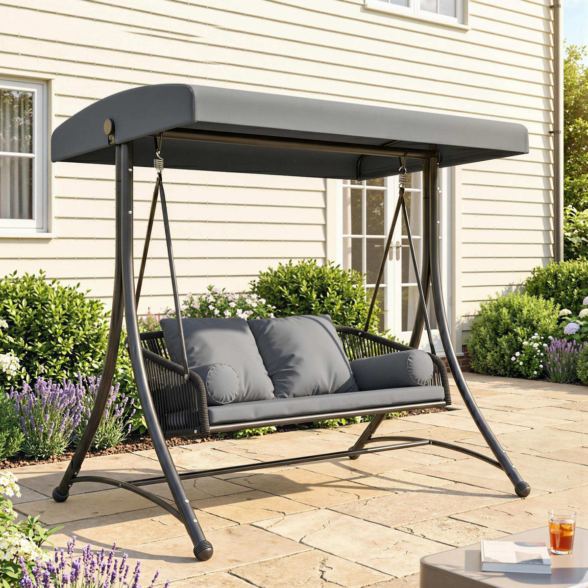 Rattan porch swing 2-seater garden swing with adjustable canopy, soft cushion, A-frame, dark gray (2)
