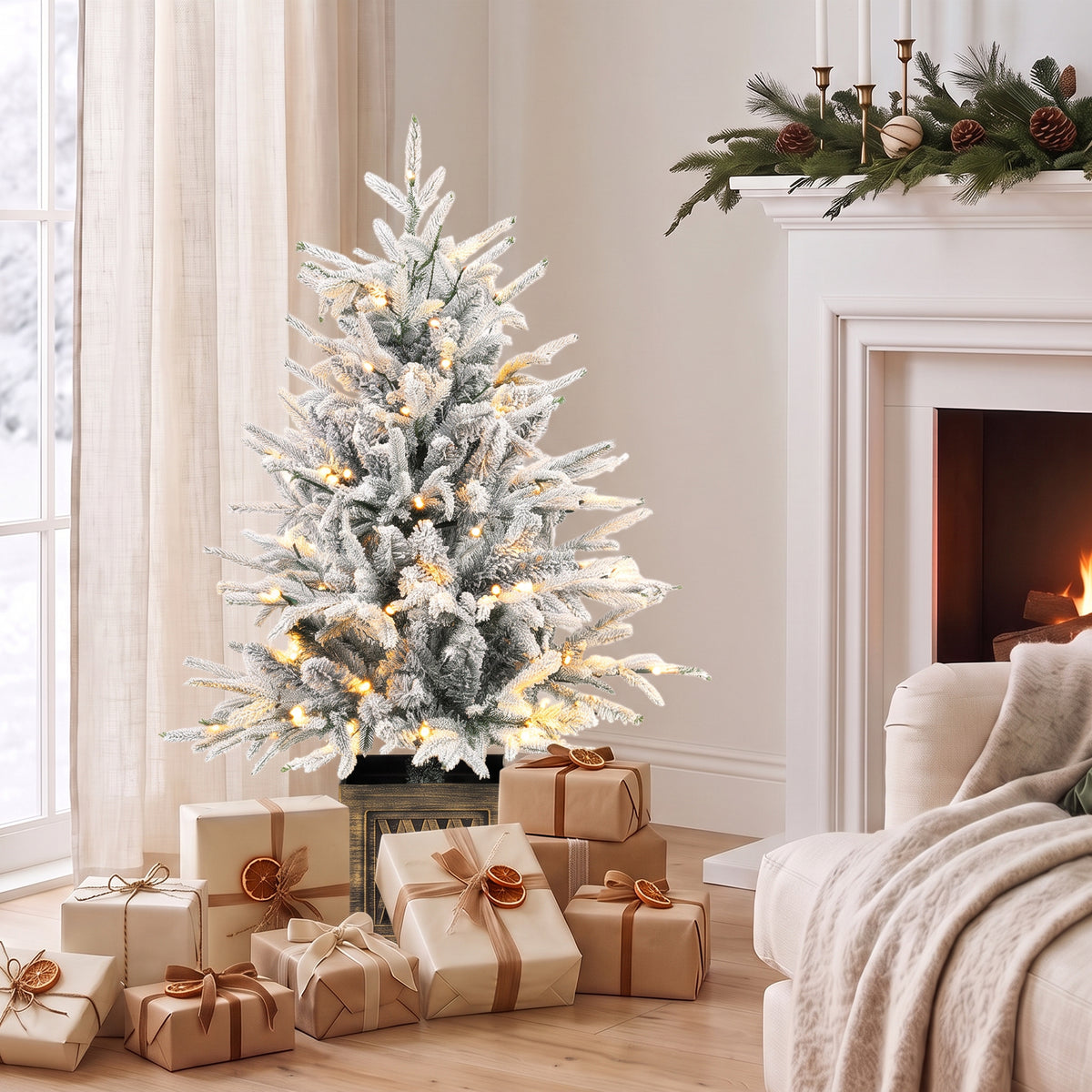 Tabletop Christmas tree 90 cm, pre-lit, flocked, artificial, 70 warm white LEDs, 488 tips, green (2)