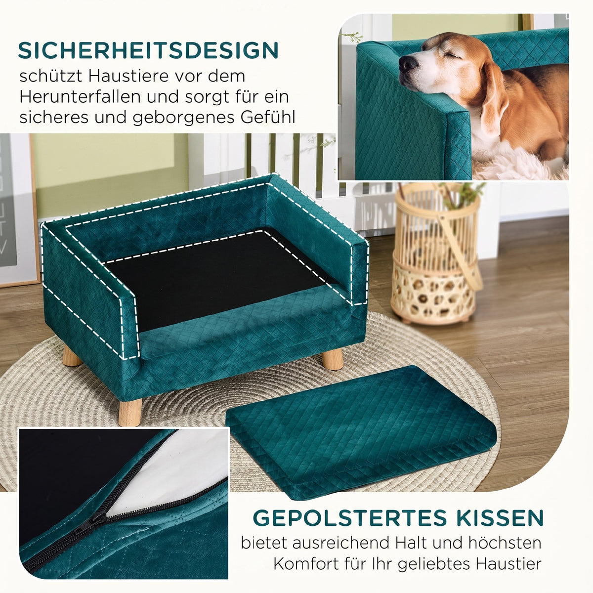 Velvet dog sofa, dog bed, dog couch with backrest, wooden legs, cushion, up to 8 kg, 64 x 45 x 36 cm, blue (6)