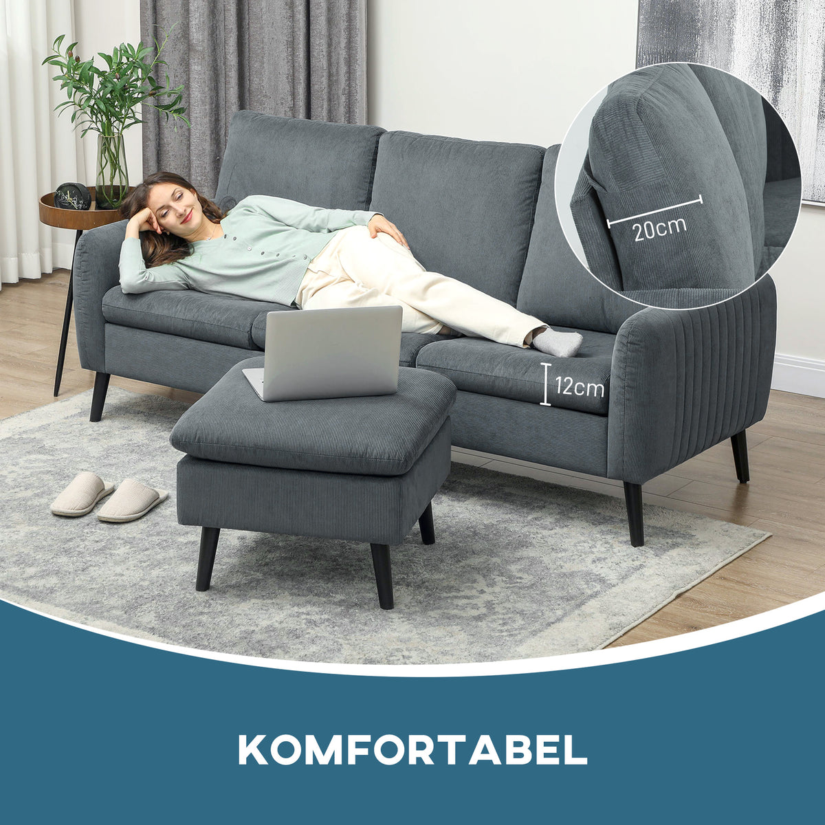 Corner sofa, 3-seater sofa with ottoman, fabric upholstery, L-shaped couch set, dark gray (7)