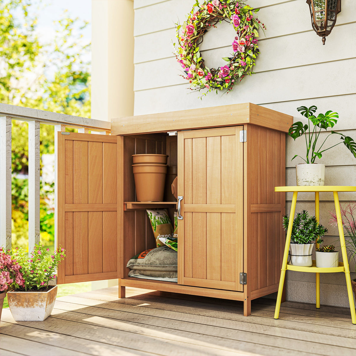 Garden cabinet fir wood, weather-resistant tool shed 74x43x88cm, tool house with double door, 2 compartments (2)