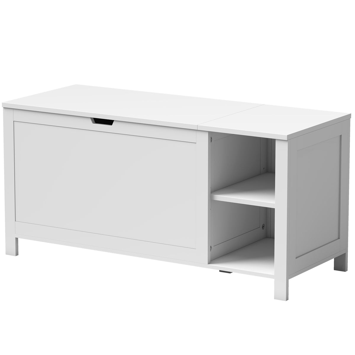Shoe bench with adjustable shelf and tilt-out compartment, shoe storage bench, white