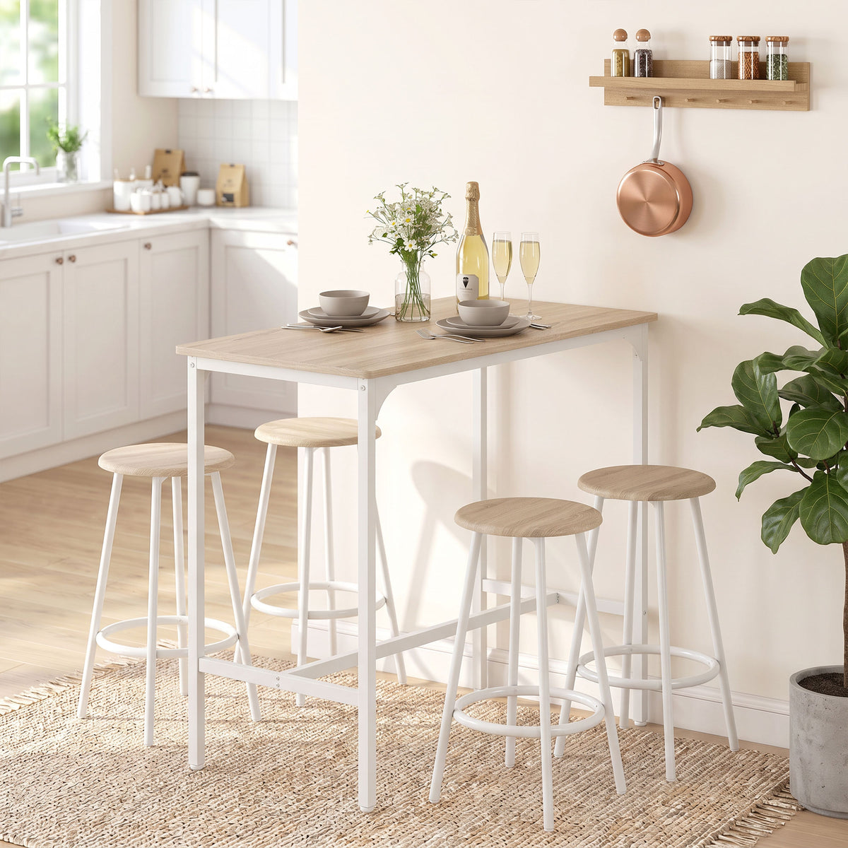 5-Piece Bar Table Set for 4, Industrial High Table with Stools for Kitchen & Dining Room, Oak (2)