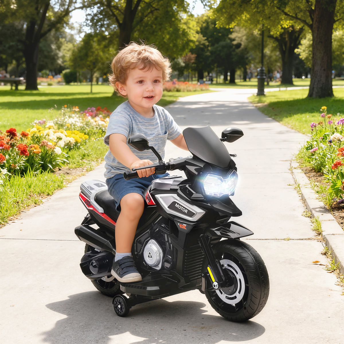 Electric motorcycle for children aged 18-36 months, ride-on vehicle, training wheels, lights, music, plastic (10)