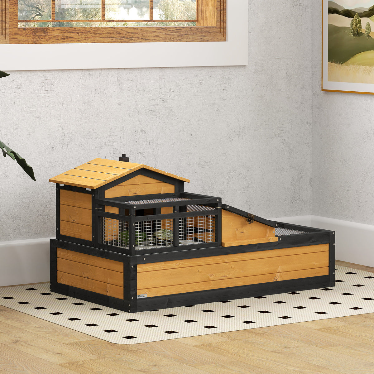 Tortoise house, 2 levels, for indoor and outdoor use, drawer, fir wood, yellow (2)