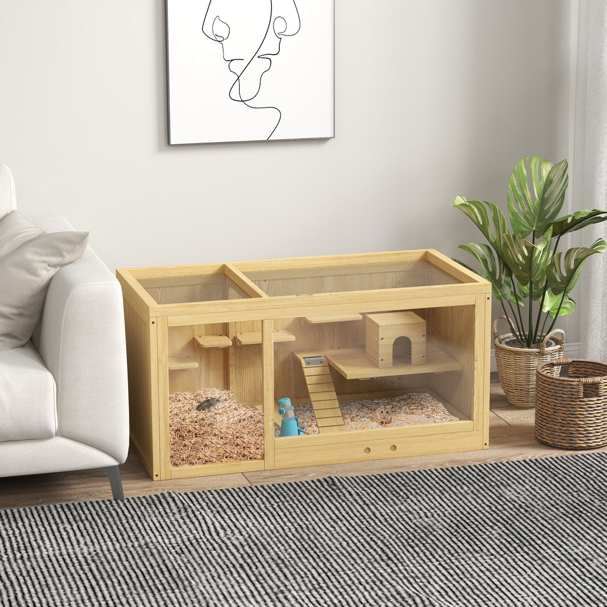 Small animal cage, rodent cage, fir wood, incl. accessories and water bottle, 100 x 50 x 50 cm, natural (2)