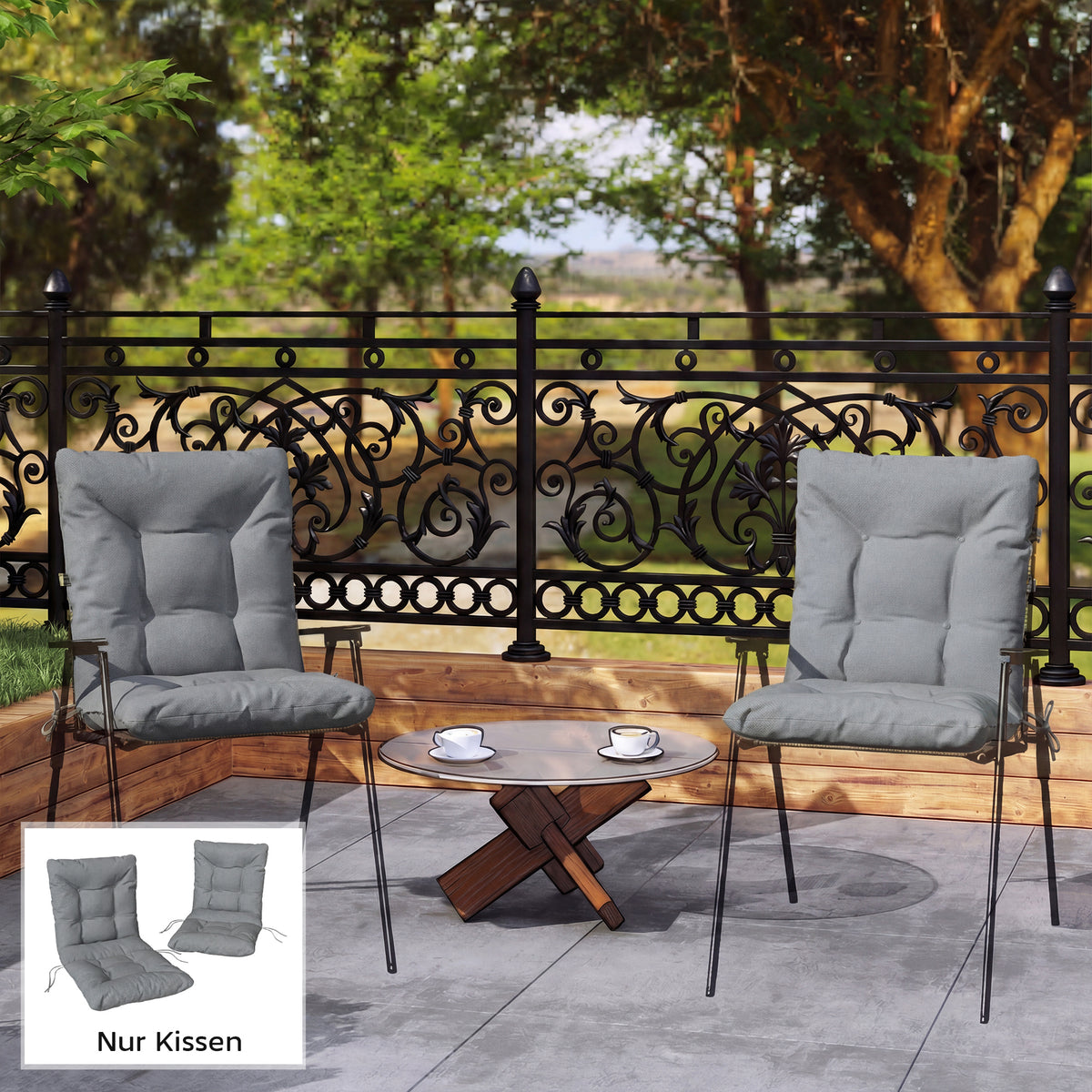 Outdoor seat cushion with backrest and straps, water-repellent pads for indoor and outdoor use, light gray (2)