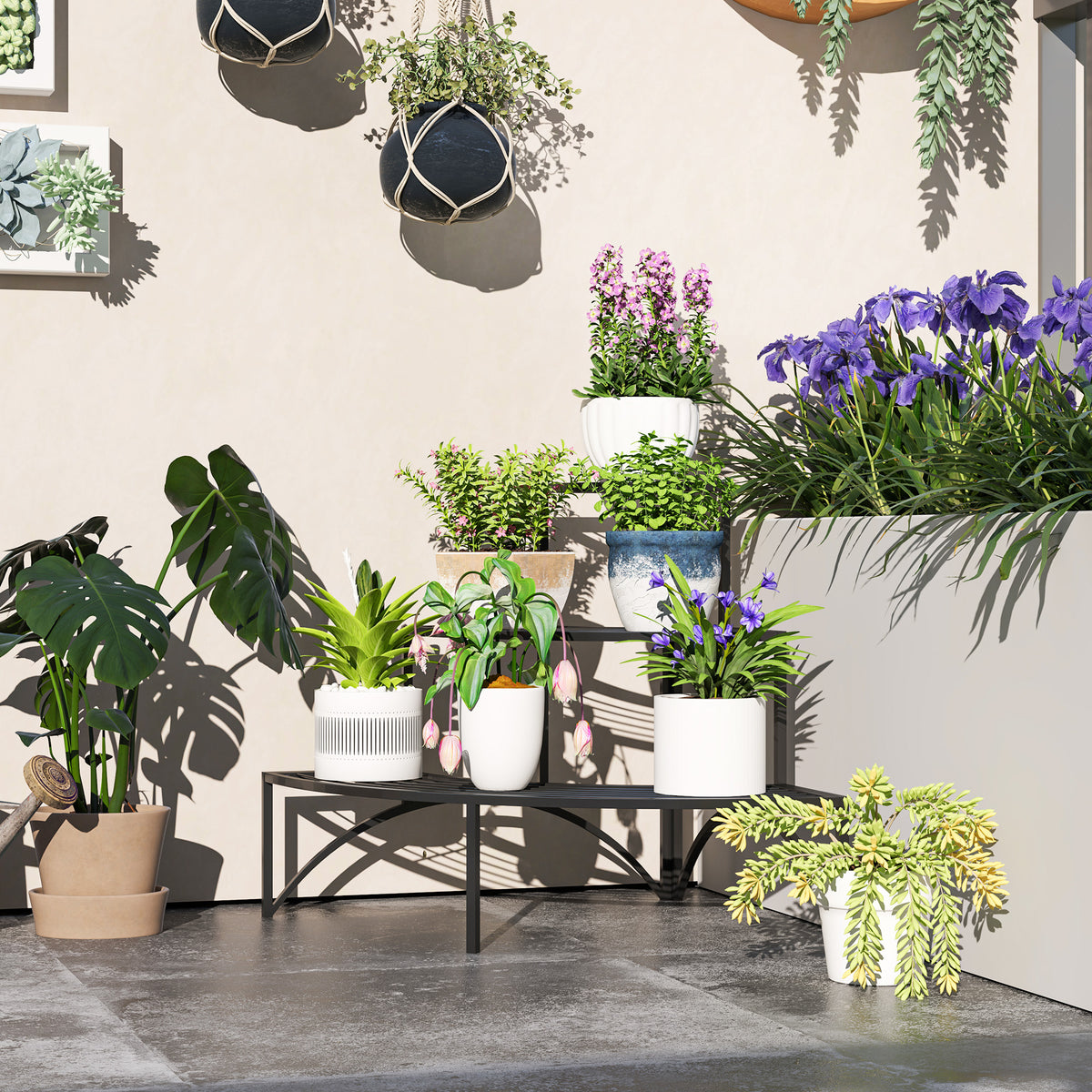 Corner plant stand, 3-tier flower stand, metal, for indoor and outdoor use, flower pot stand, black (2)