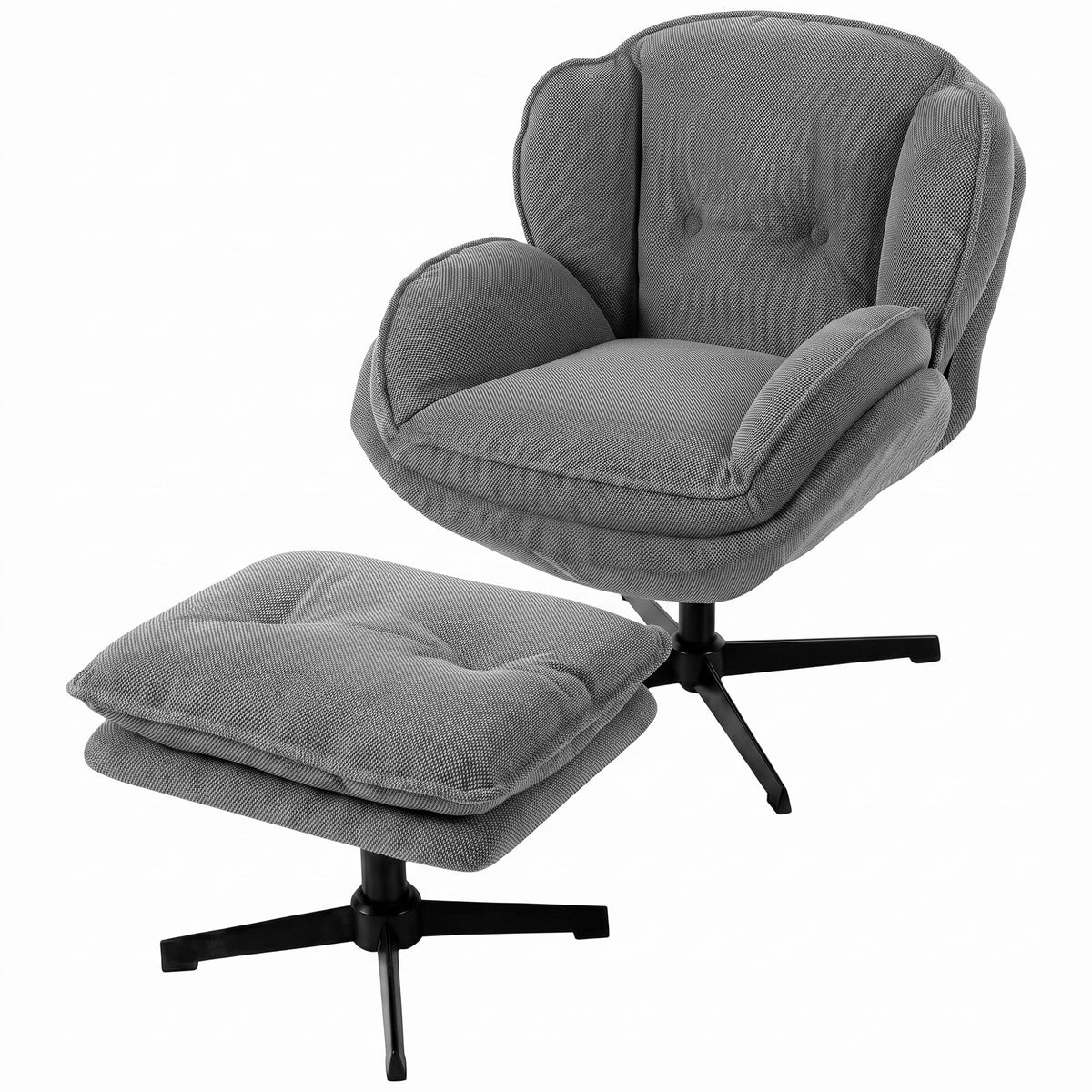 Armchair with adjustable footstool, 360° swivel, chenille upholstery, thick padding, gray