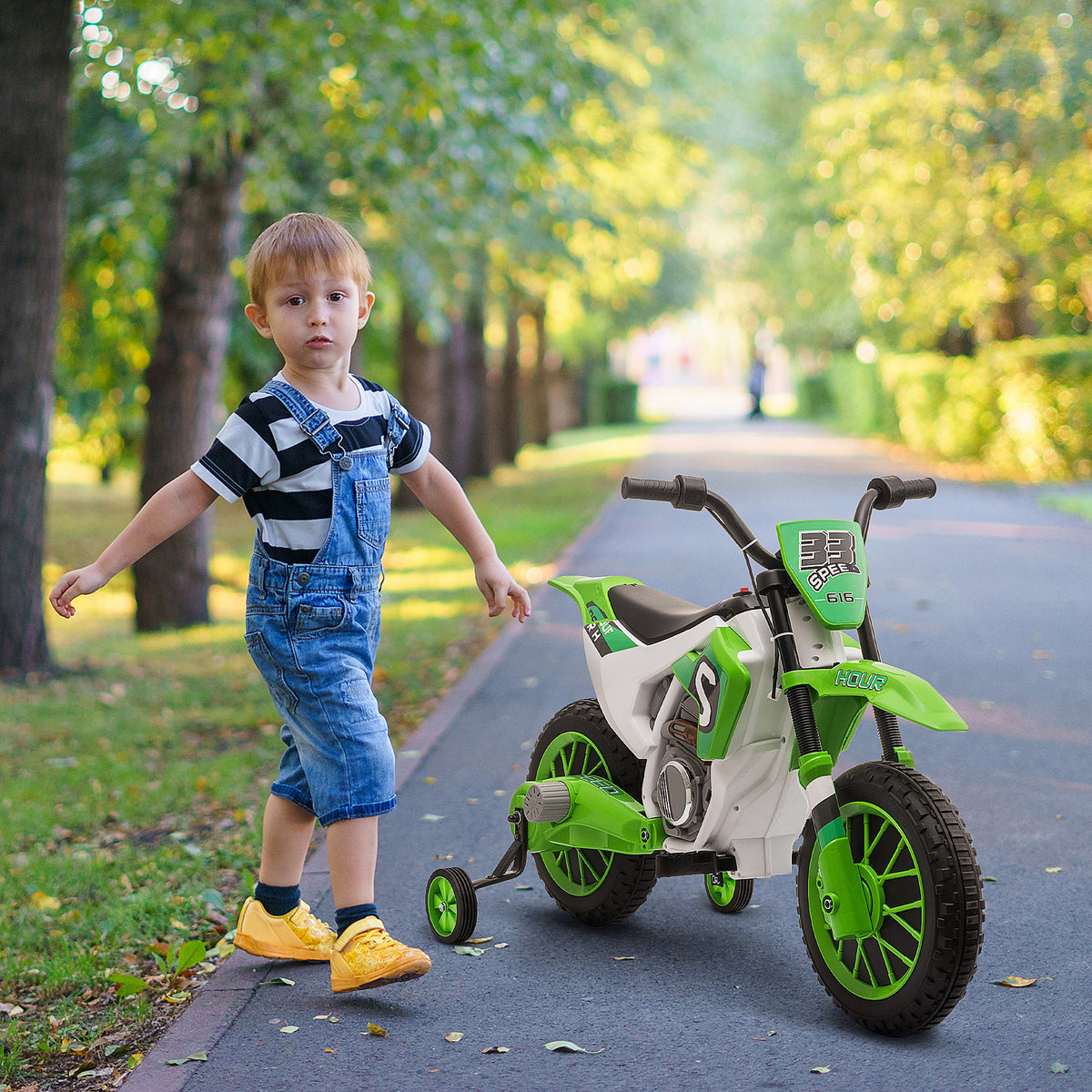 Children's motorcycle, electric motorcycle, 45 min ride time, with training wheels, 3-6 years, green+white (2)