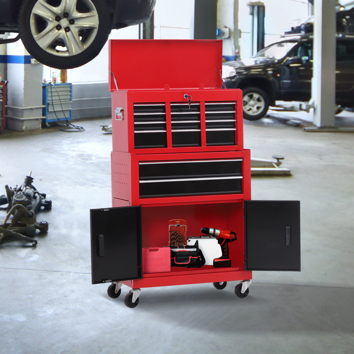 Tool cabinet with toolbox, mobile, 6 drawers, metal, red (2)
