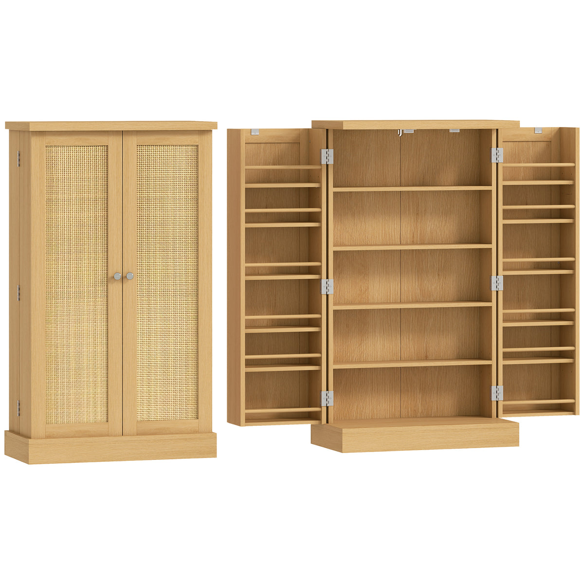 104 cm Rattan Kitchen Cabinet with 5-Tier Shelf, 12 Spice Compartments and Adjustable Shelves, Natural