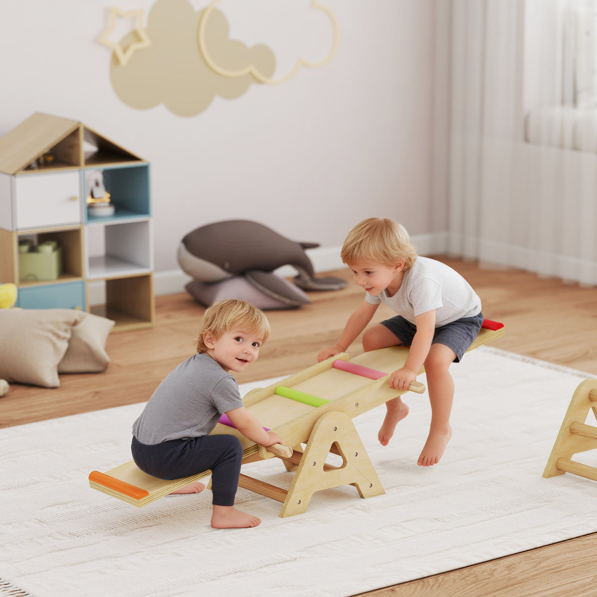 2-in-1 Kids' Balance Seesaw, Wooden Balance Beam, Seesaw Rocker for Garden, Balance Board 133 x 38 x 24 cm (2)