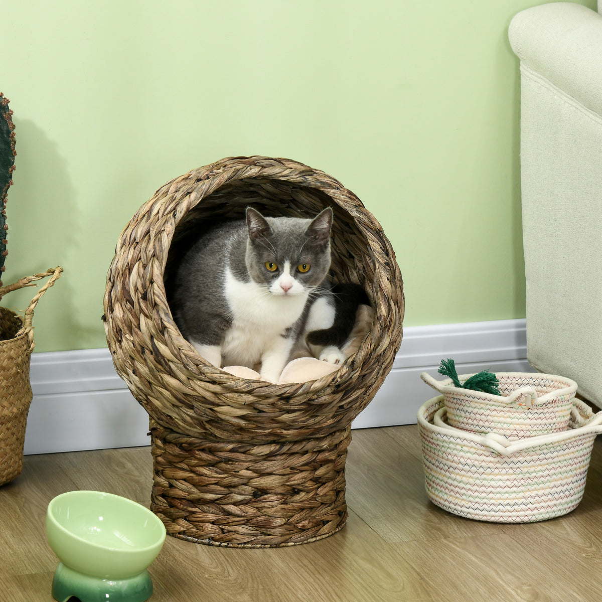 Rattan cat basket cat cave cat house cat bed with cushion pet bed water hyacinth coffee 40 x 37 x 51 cm (2)