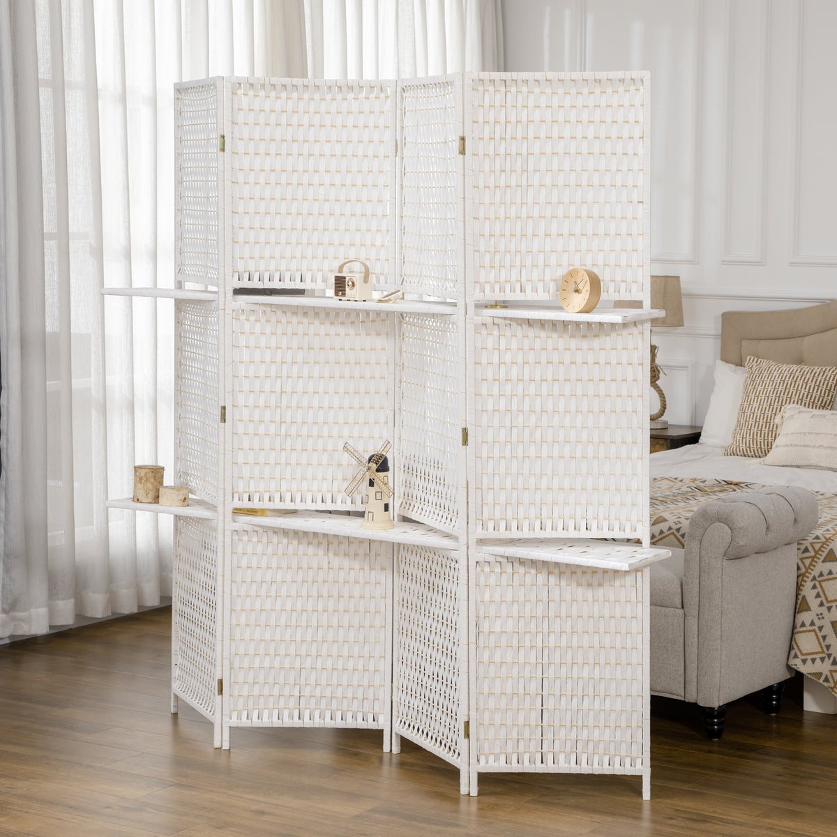 4-panel room divider 181 x 180 cm, foldable screen with 2 shelves made of pine wood and bamboo for bedroom (2)