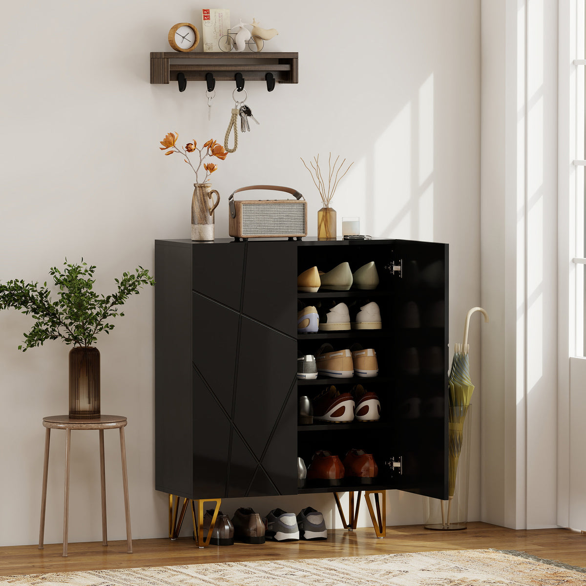 Shoe cabinet with 2 doors, shoe rack, shoe storage with 3 adjustable shelves 72 x 31.5 x 95 cm, black (2)