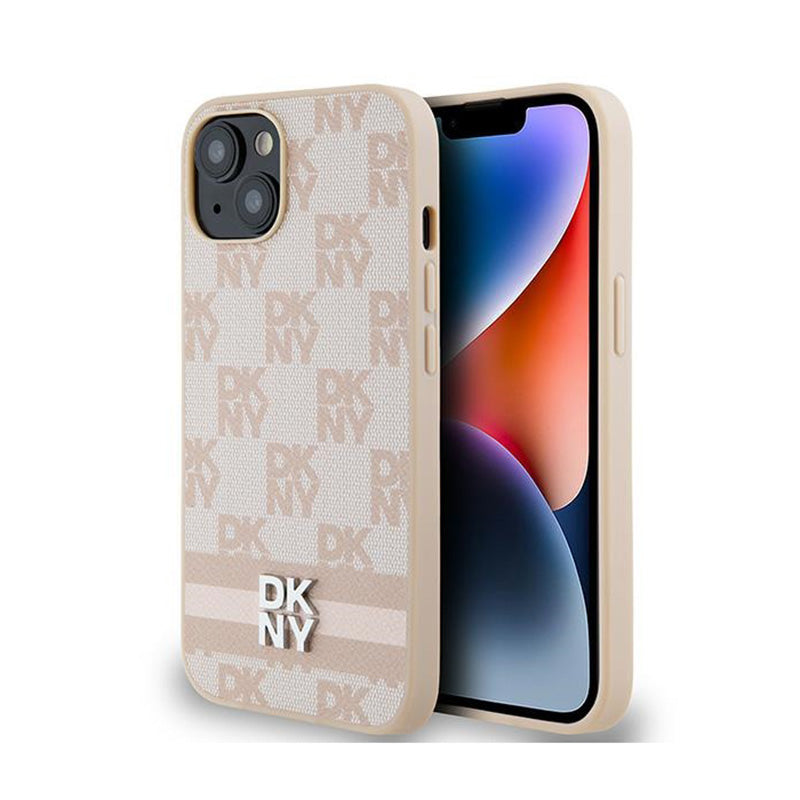DKNY Leather Checkered Mono Pattern & Printed Stripes - case for iPhone 15 / 14 / 13 (pink)