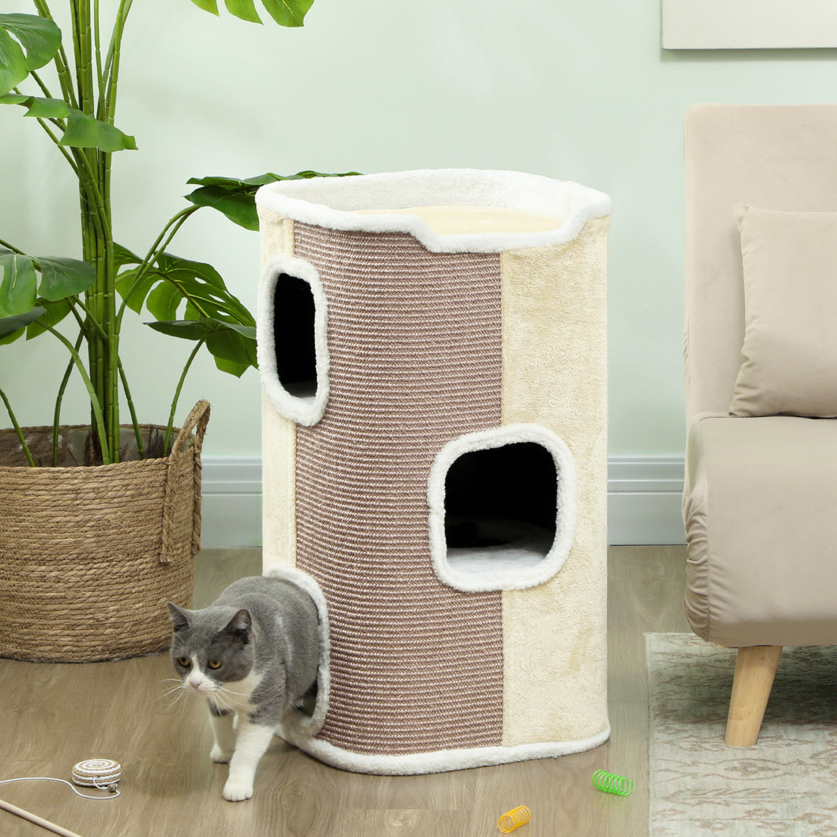 Scratching barrel for cats, cat tree, 3 levels, robust, soft plush, retreat, beige (2)