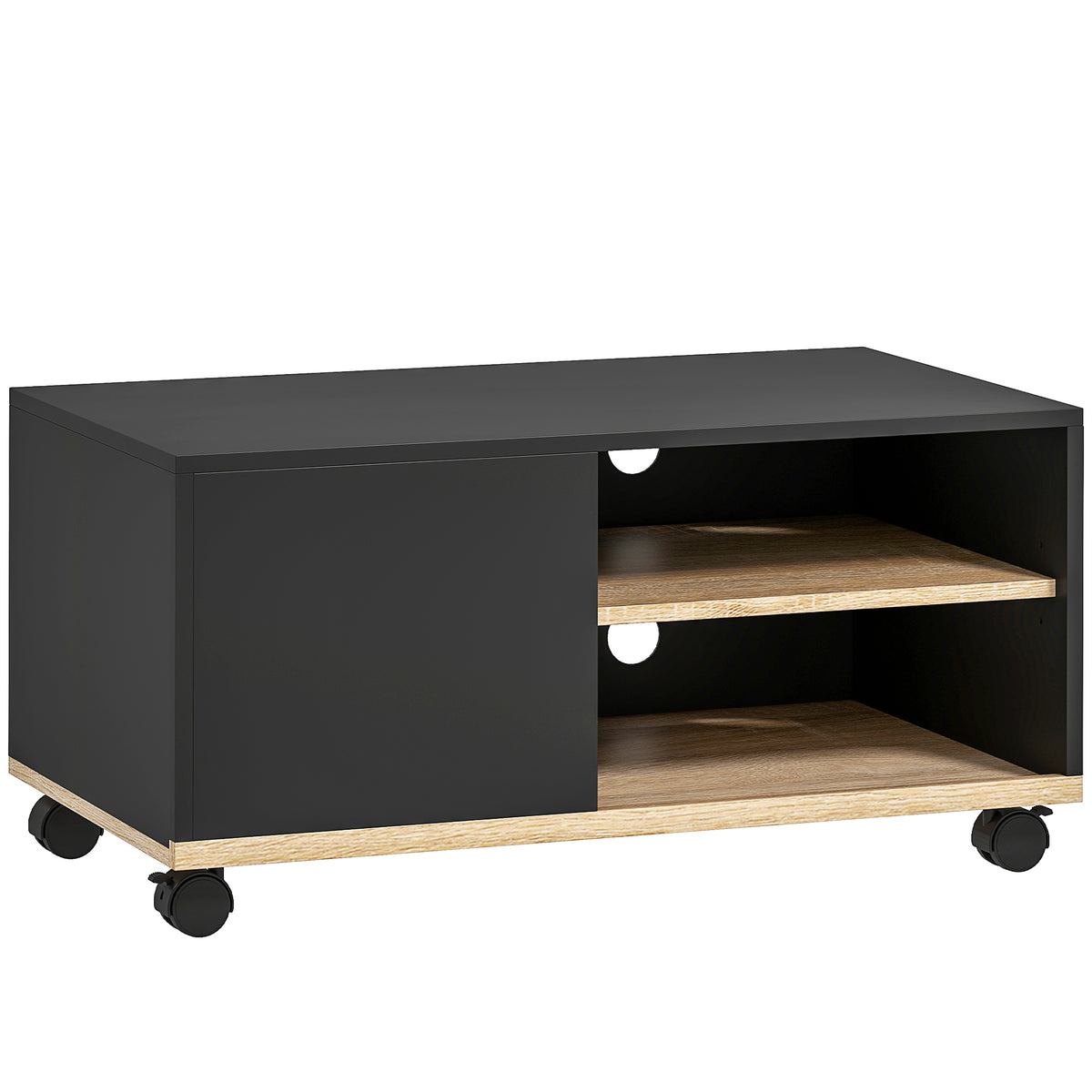 TV stand on casters with brakes, TV unit with cabinet and adjustable shelf, black and oak