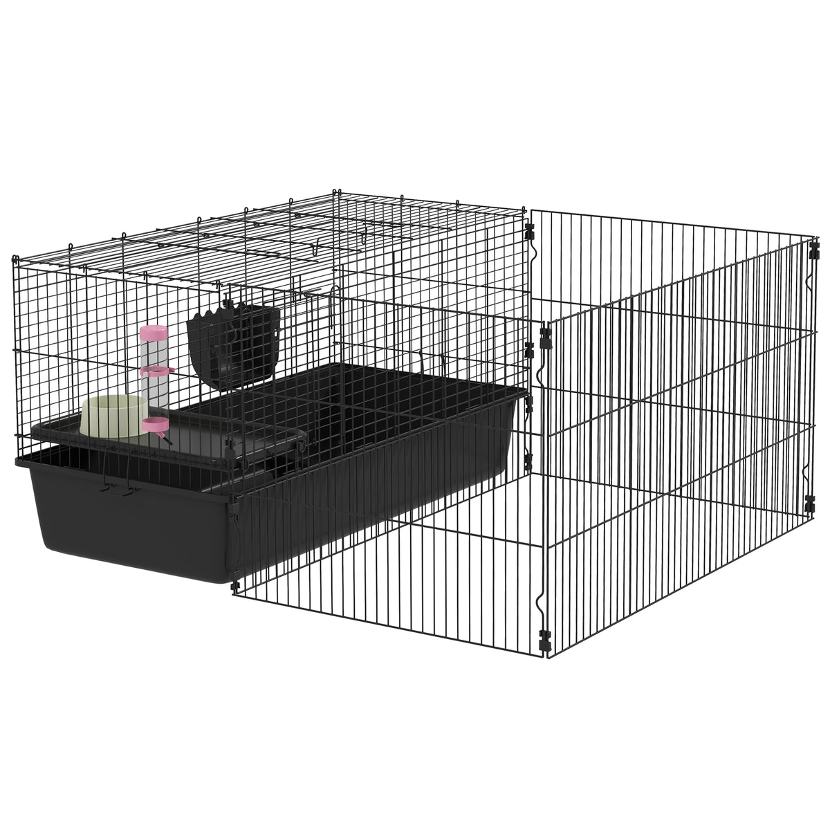 Small animal cage with detachable enclosure, playpen with hutch, incl. accessories, black