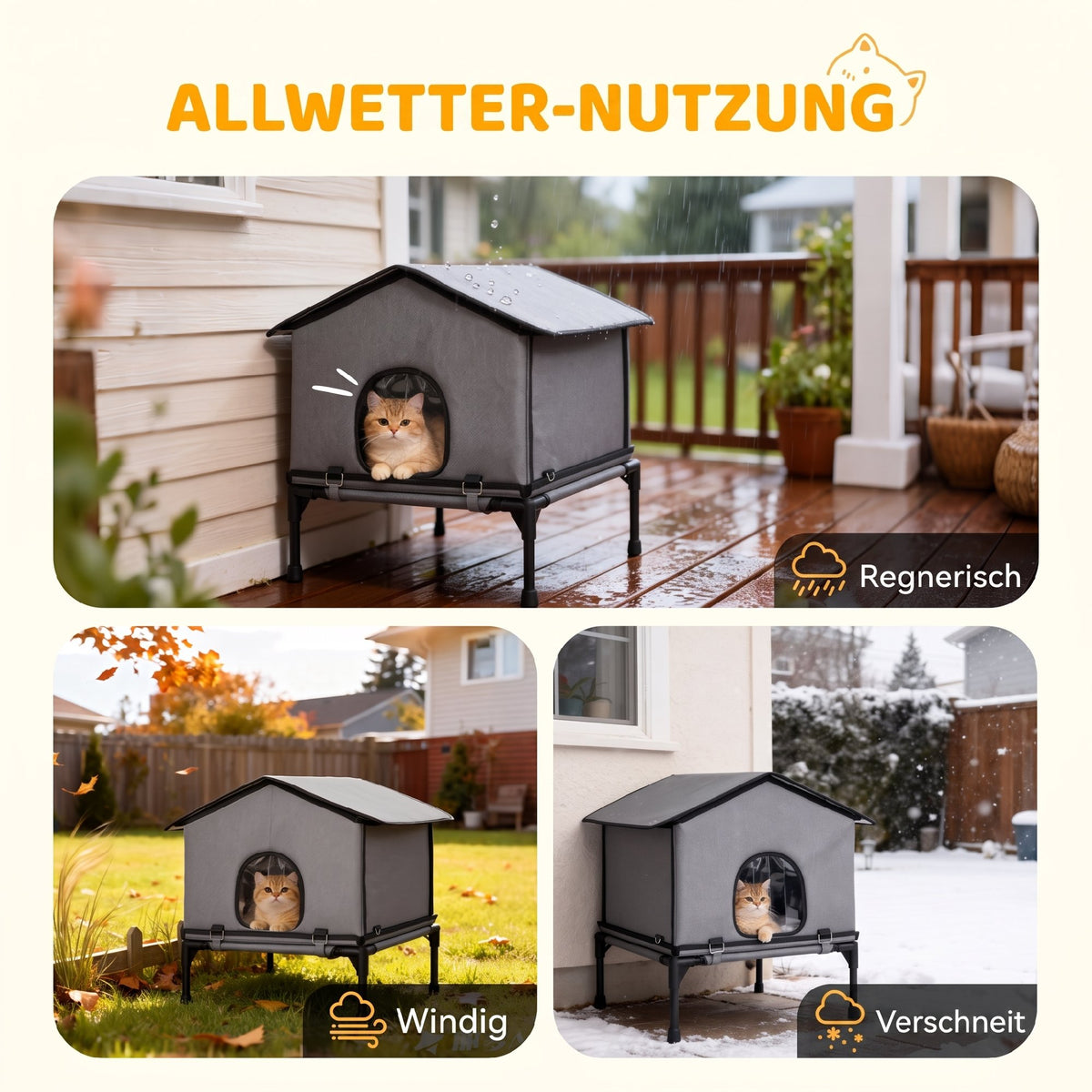 Foldable cat house, cat hut with cushion, elevated water-resistant cat cave 62 x 58.5 x 60 cm, grey (5)