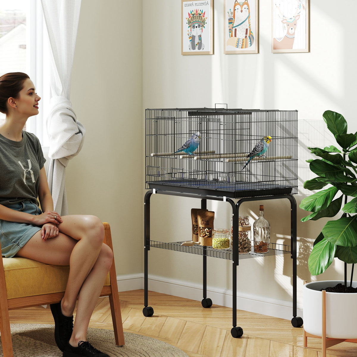 Bird cage, bird aviary with wheels, 2 doors, 4 perches, storage shelf, metal bird house 76x46x116cm, black (2)
