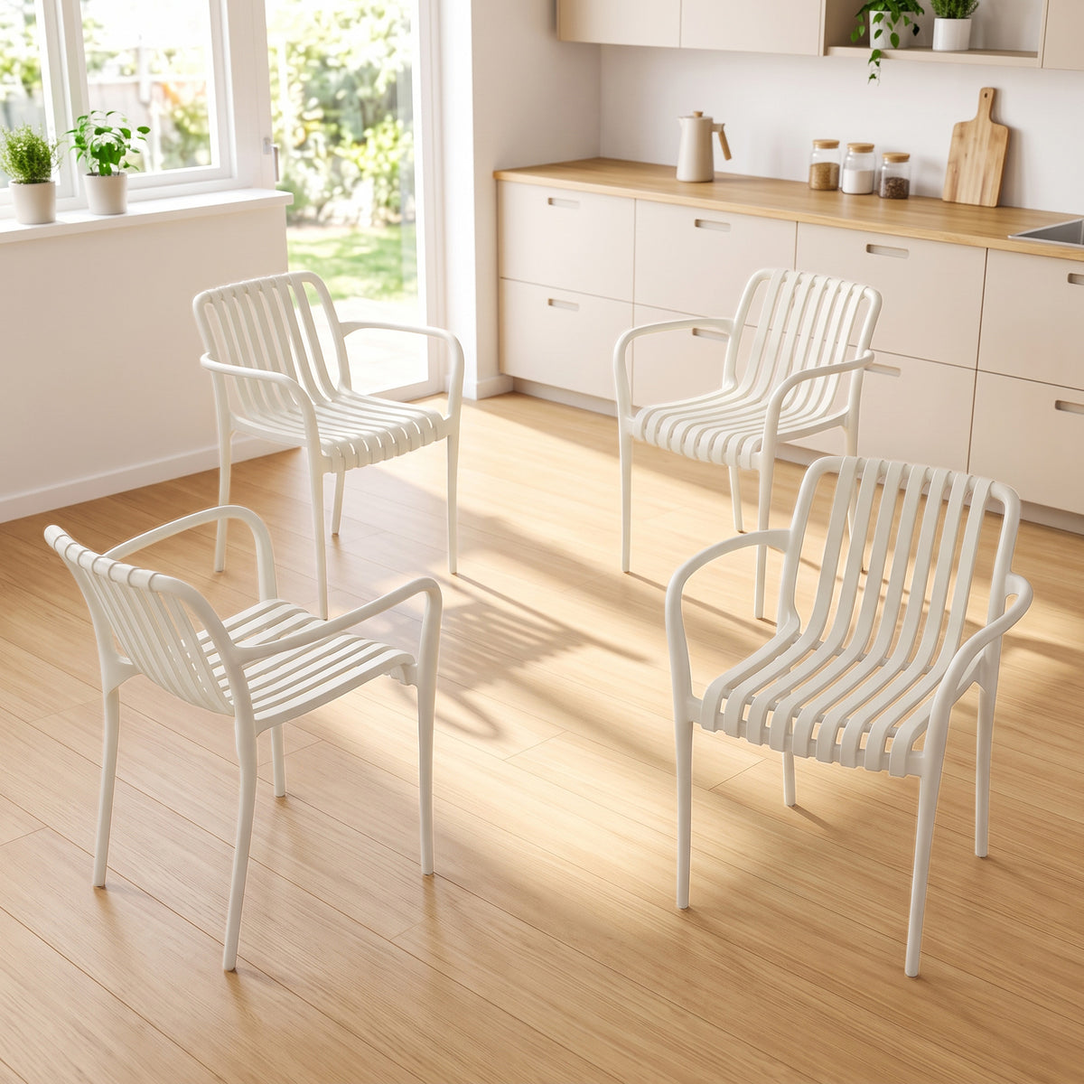 Garden Chairs Set of 4 Stackable Patio Chairs with Slat Design Armrests, Ergonomic Cream White (2)