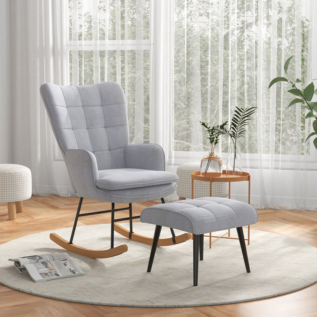 Rocking chair with ottoman, Scandinavian design rocking chair with footstool, beech wood, quilting, 64 cm x 89 (2)