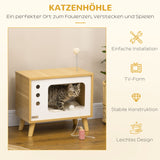 TV-design cat cave incl. toy, washable cushion, 50 cm x 28 cm x 43 cm, oak + beige + white (7)