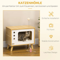 TV-design cat cave incl. toy, washable cushion, 50 cm x 28 cm x 43 cm, oak + beige + white (7)