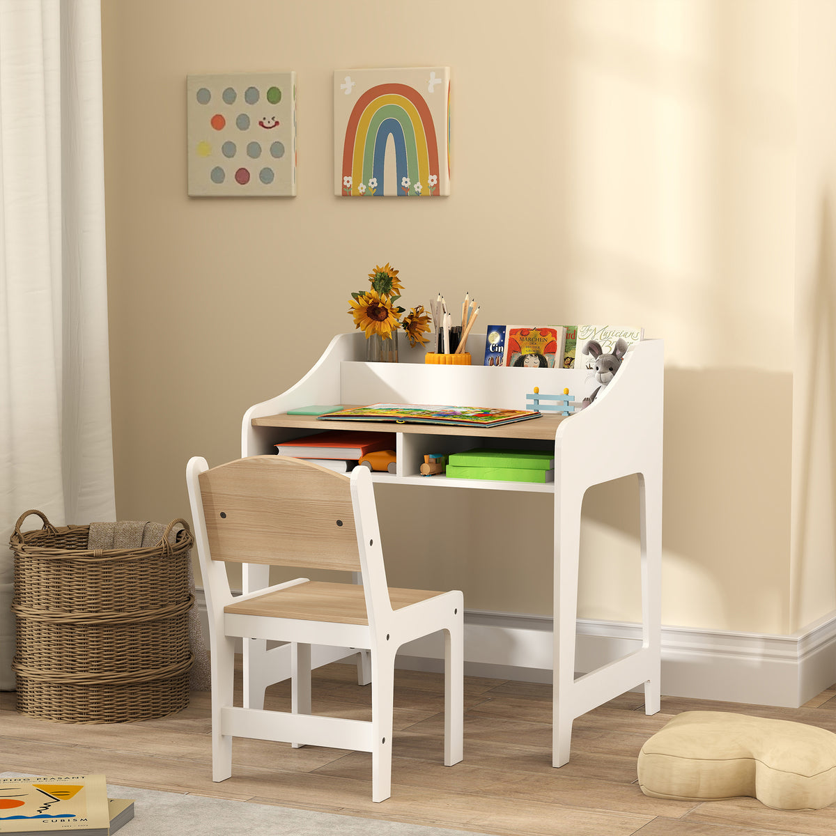 Children's desk set with storage, open compartments, chair, 3-8 years, wood (2)