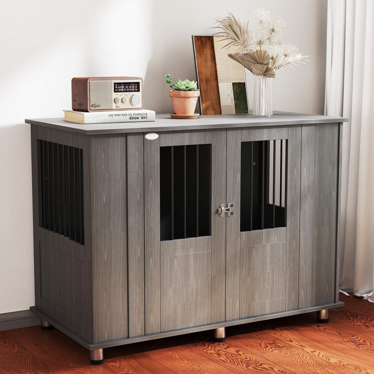 Dog crate, 2 doors, incl. latch , 116 cm x 60 cm x 87 cm, gray (2)